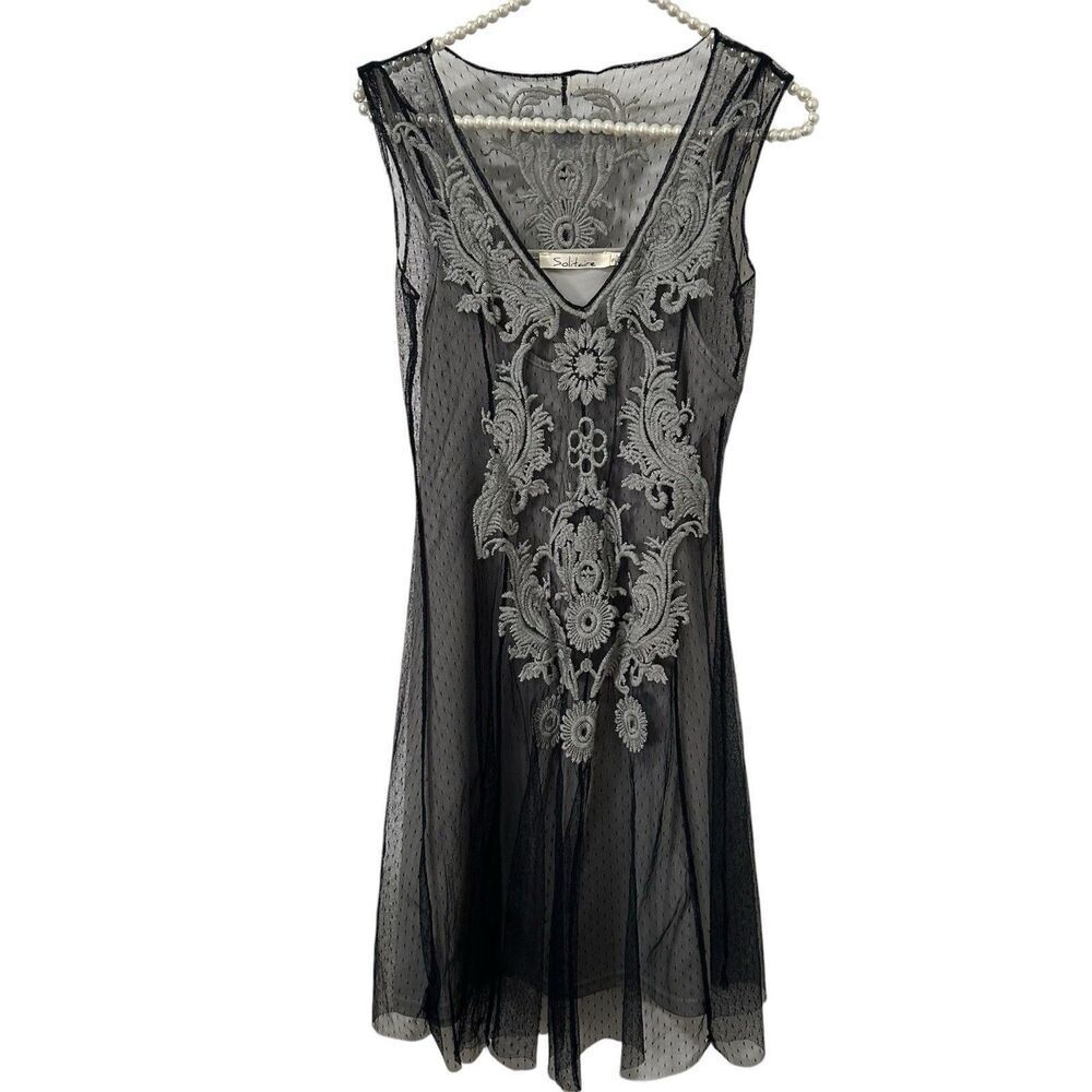 Solitaire Small Gray tank Dress W/ Blue Mesh Overlay Embroidered Boho Chic Fairy